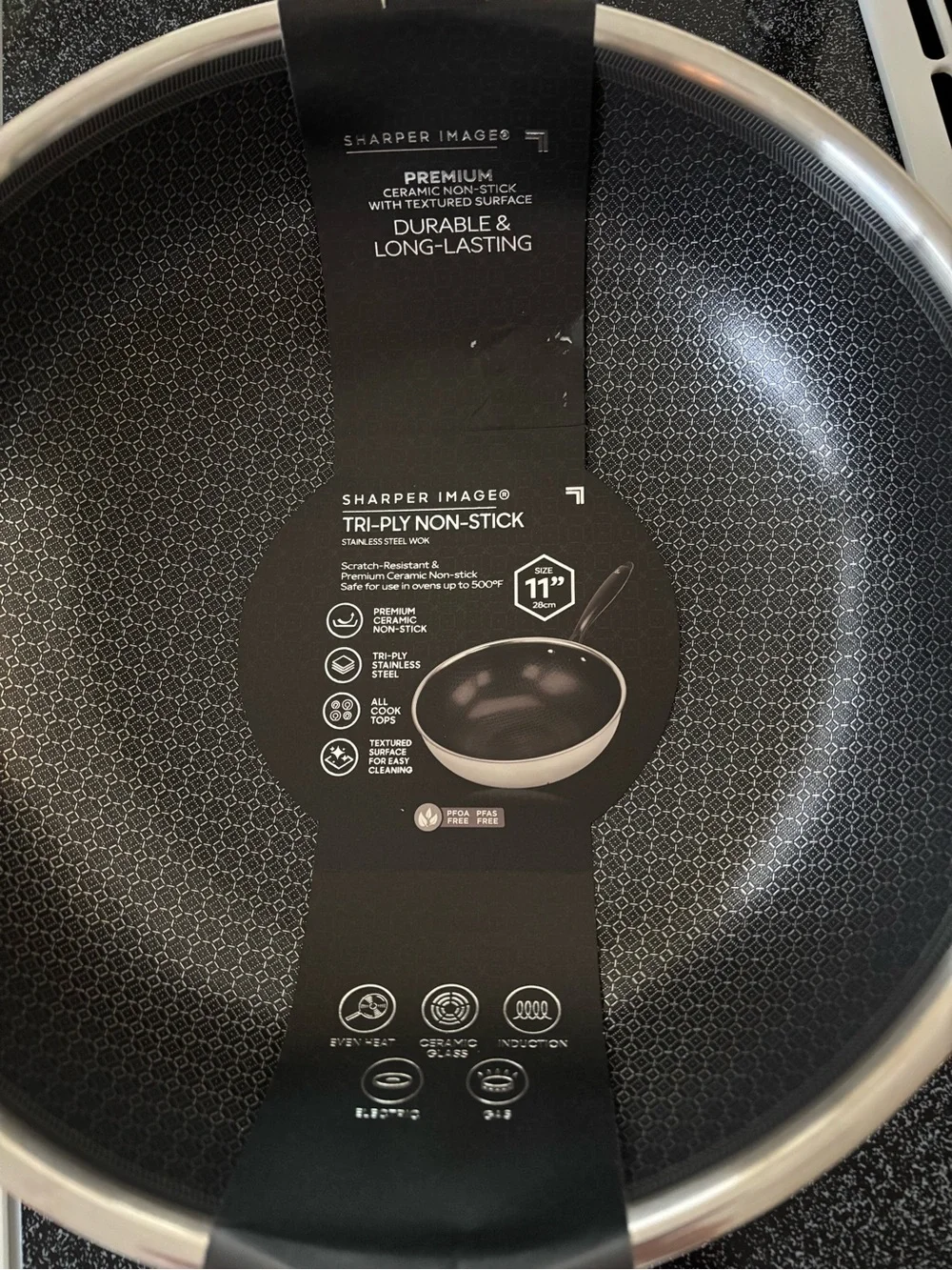 New!  Sharper Image 11” Black Tri-Ply Non-Stick Wok/Frying Pan